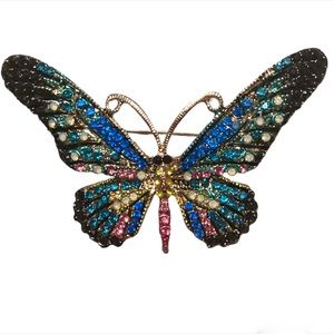Butterfly brooch  pin with pink blue, black crystals,